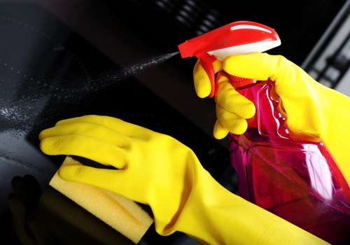 Cleaning products and protective gear arranged safely